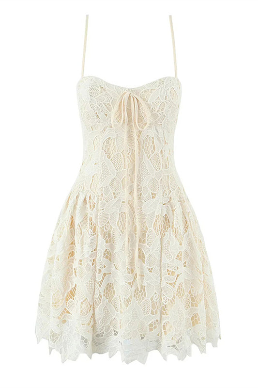 Spaghetti Straps Apricot Lace A-line Mini Dress