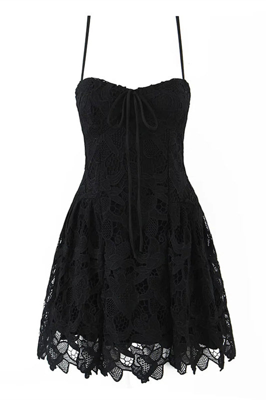 Spaghetti Straps Apricot Lace A-line Mini Dress