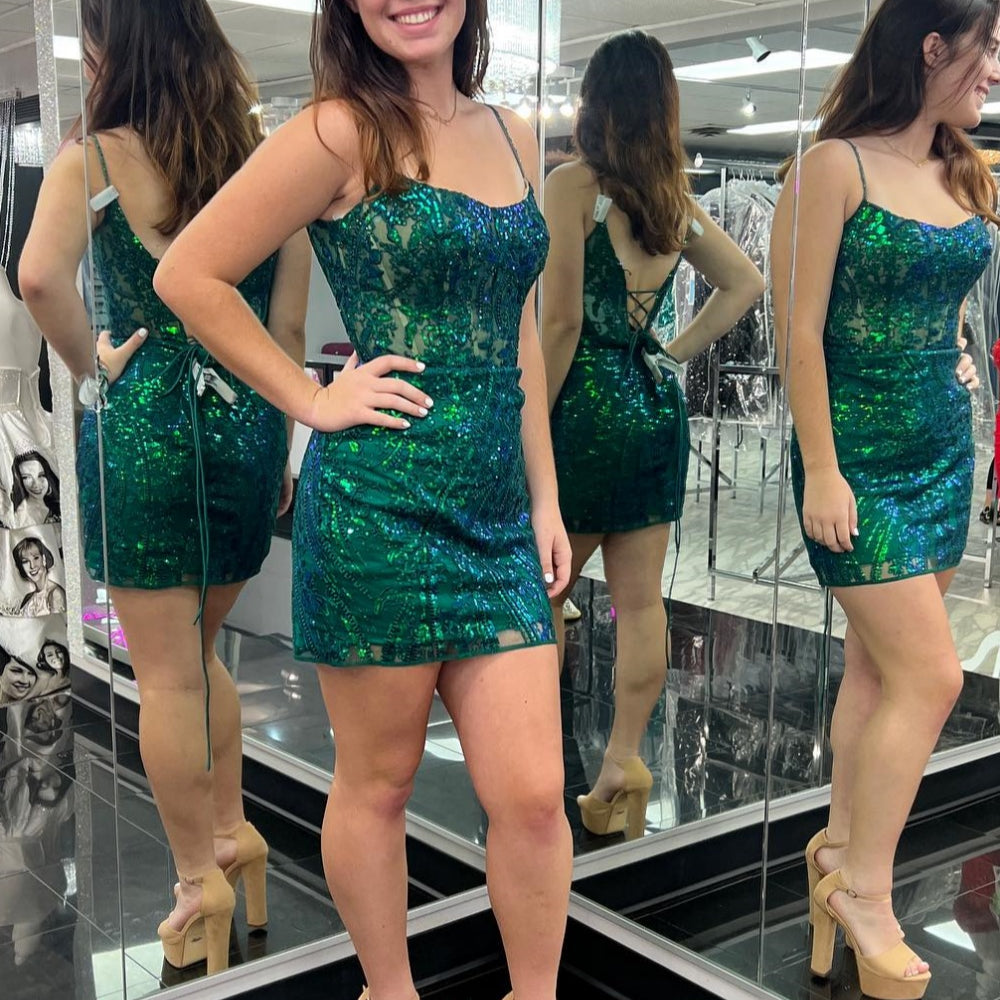 
                      
                        Spaghetti Straps Blue Appliques Short Dress
                      
                    