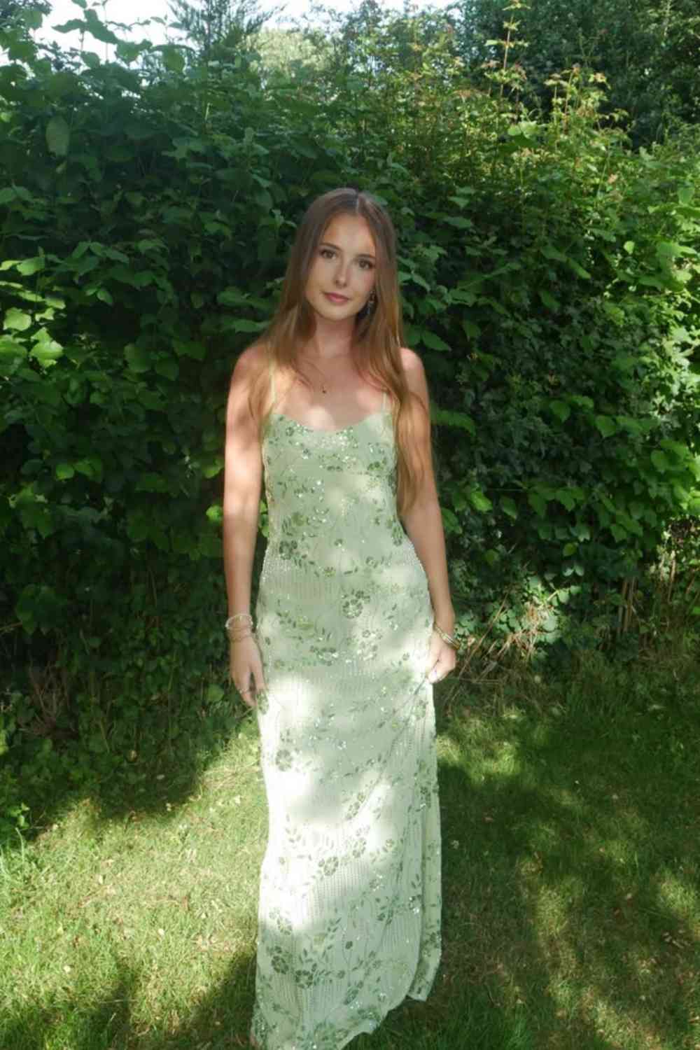 Spaghetti Straps Fuchsia Floral Beaded Long Dress