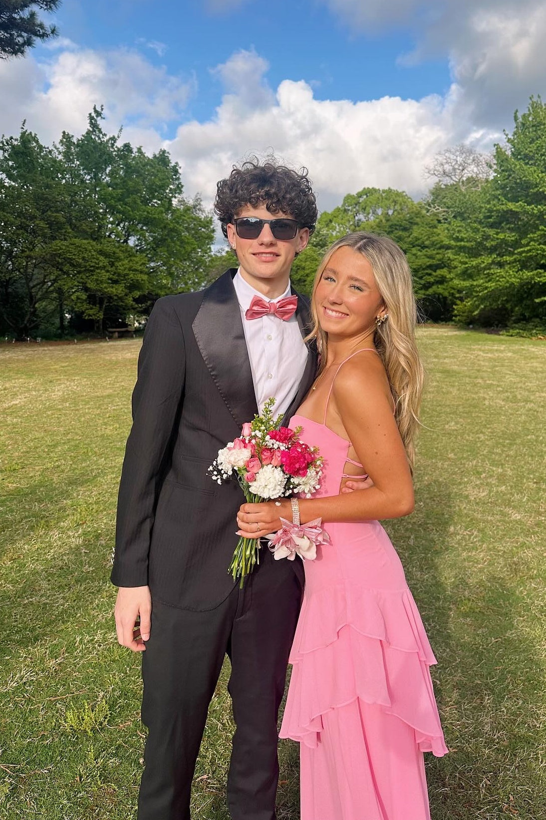 Spaghetti Straps Hot Pink Ruffled Hem Long Dress