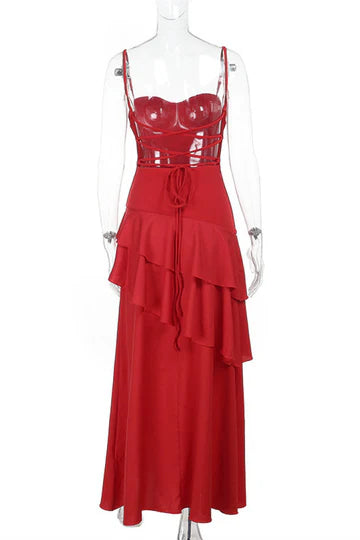 Spaghetti Straps Hot Pink Ruffled Hem Long Dress