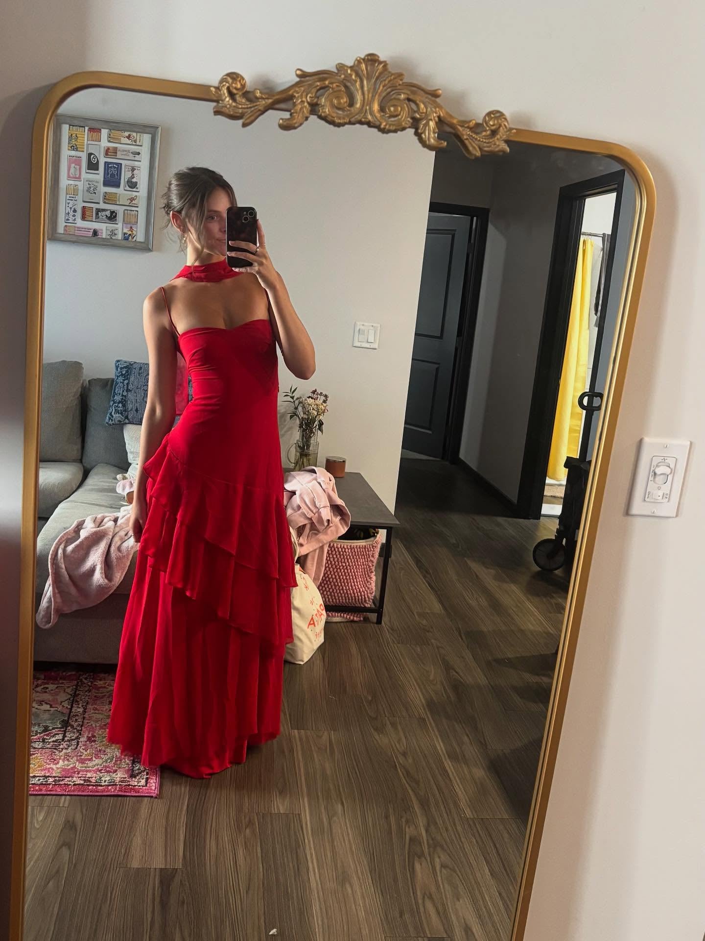 Spaghetti Straps Hot Pink Ruffled Hem Long Dress