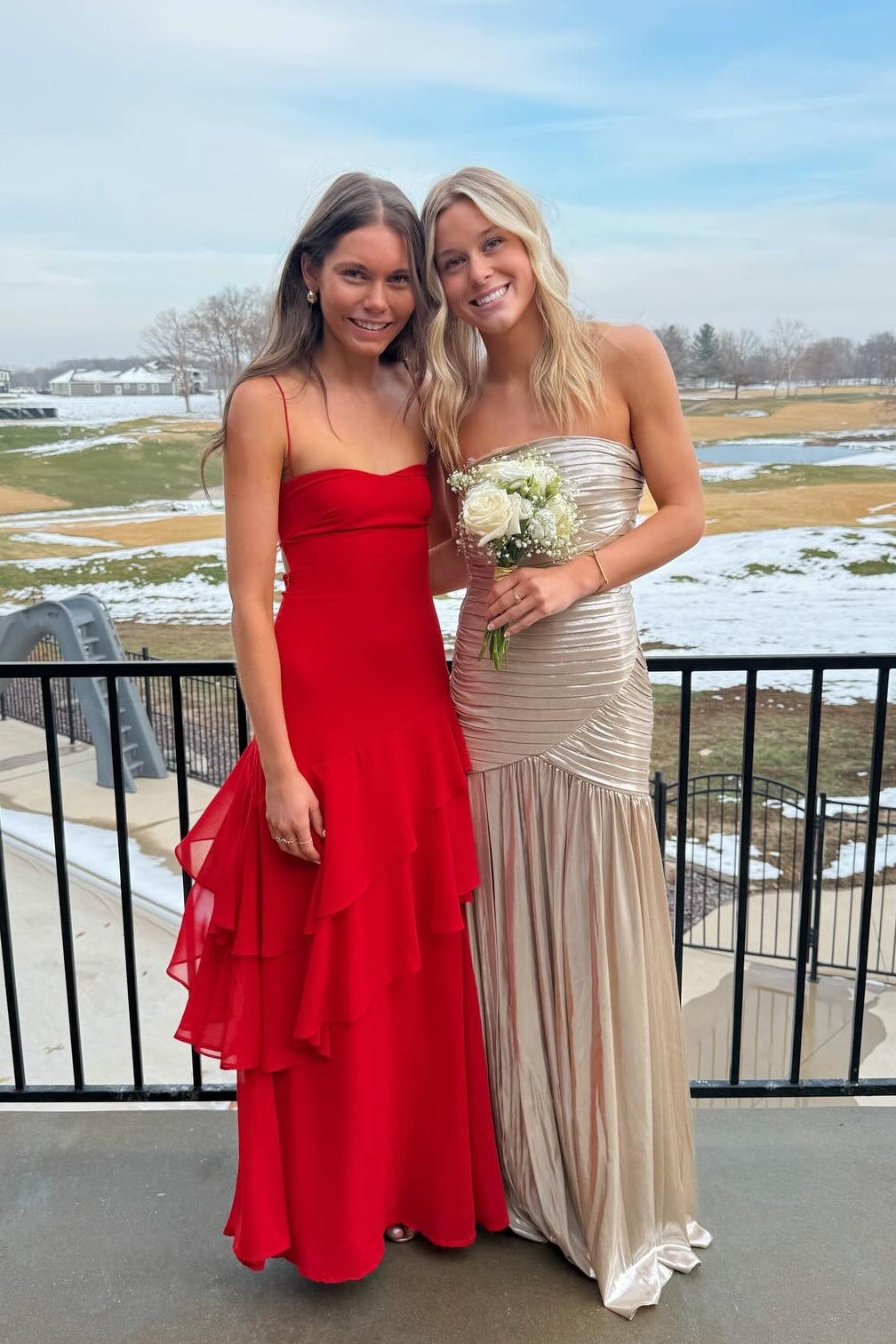 Spaghetti Straps Hot Pink Ruffled Hem Long Dress