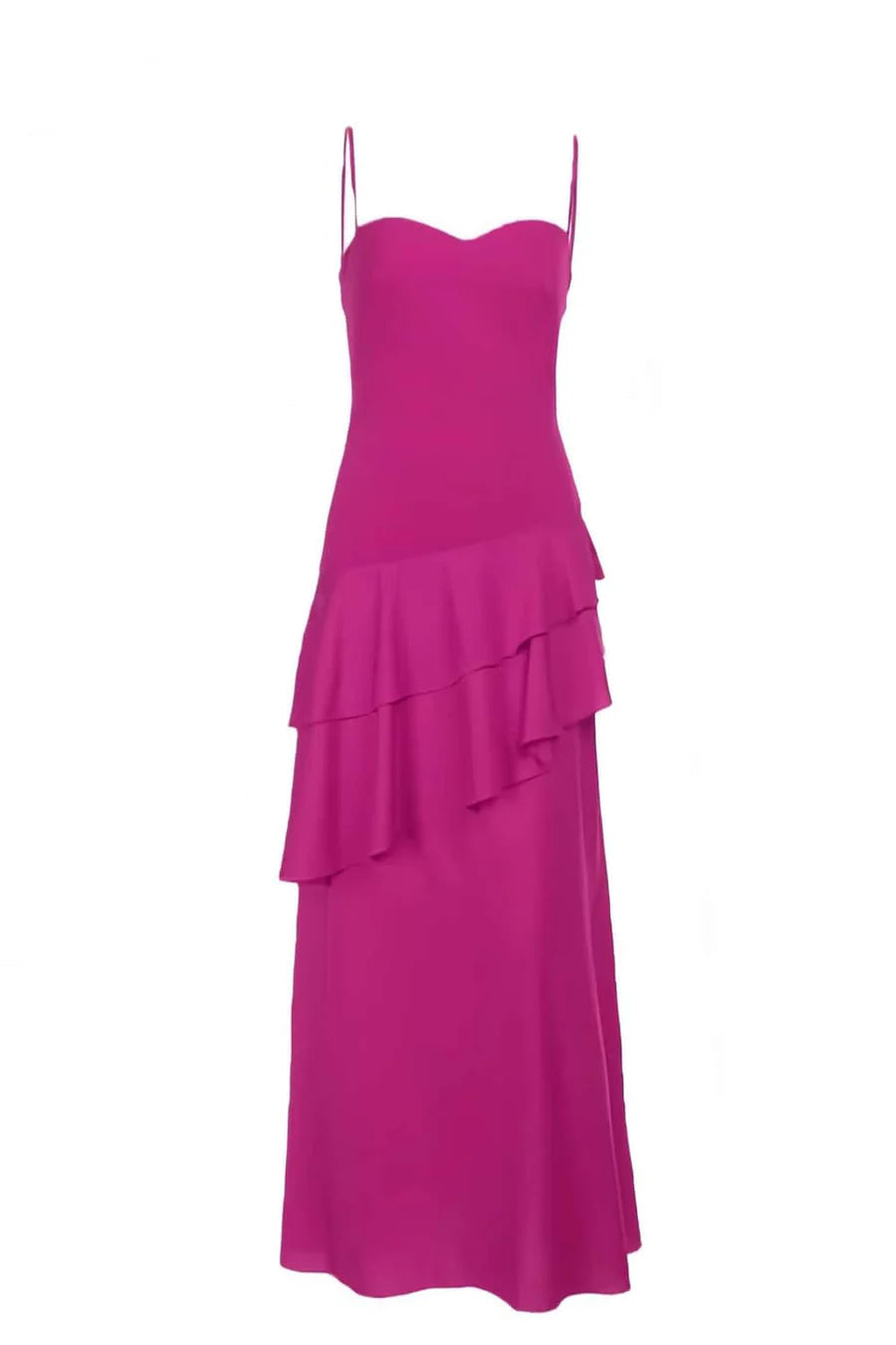 Spaghetti Straps Hot Pink Ruffled Hem Long Dress