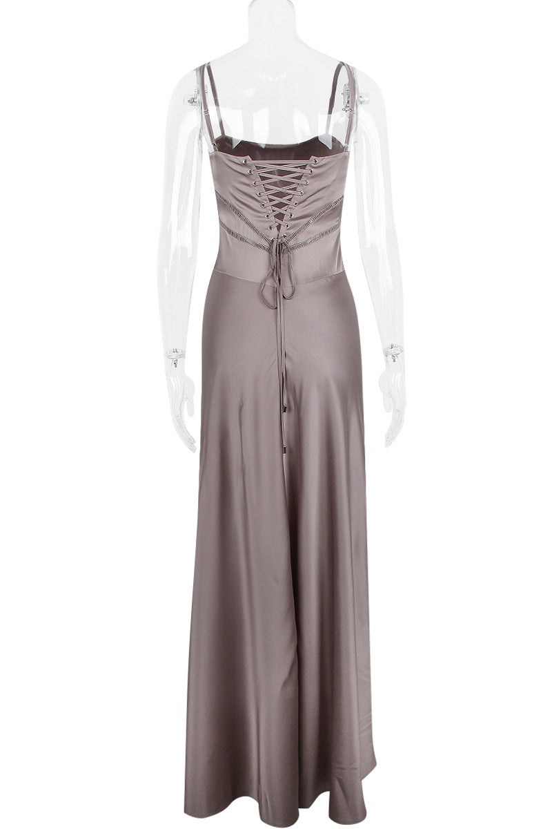 Spaghetti Straps Lilac Satin A-line Long Dress