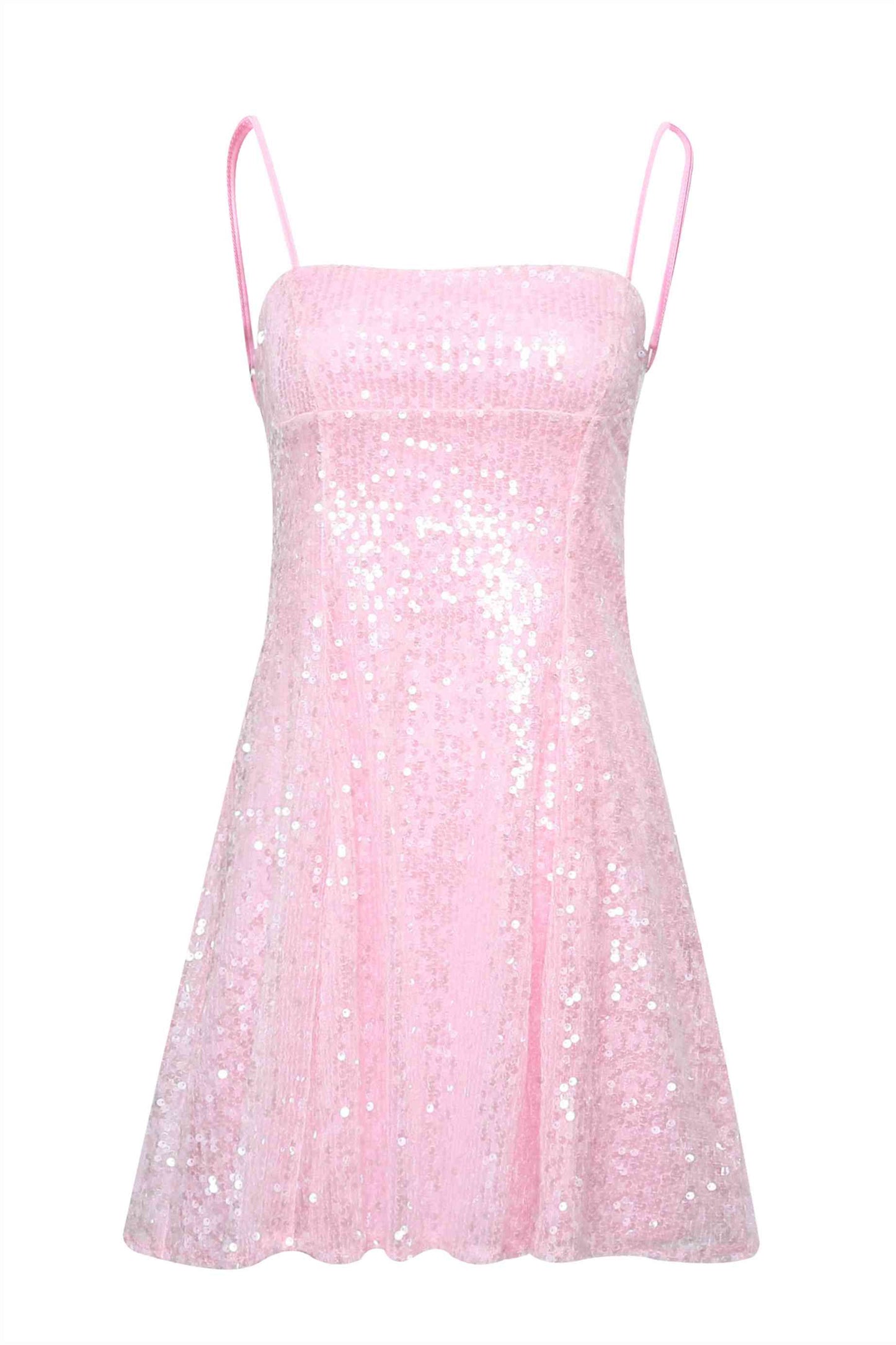 Spaghetti Straps Pink Sequin A-line Short Dress