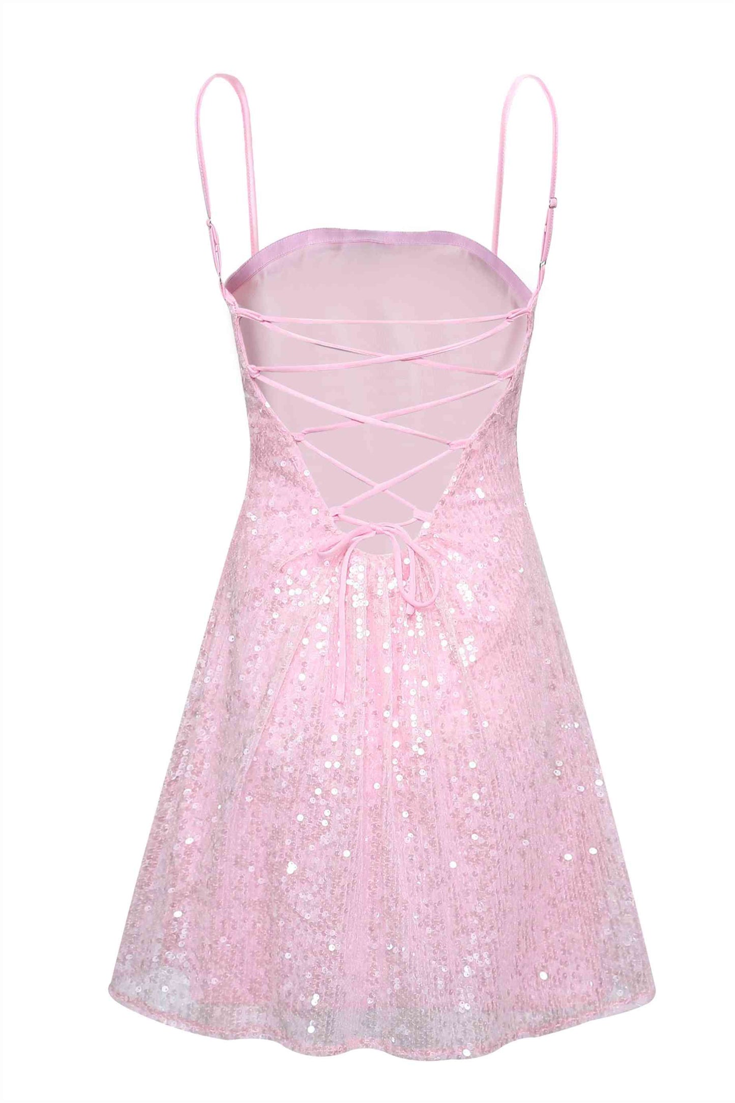 Spaghetti Straps Pink Sequin A-line Short Dress