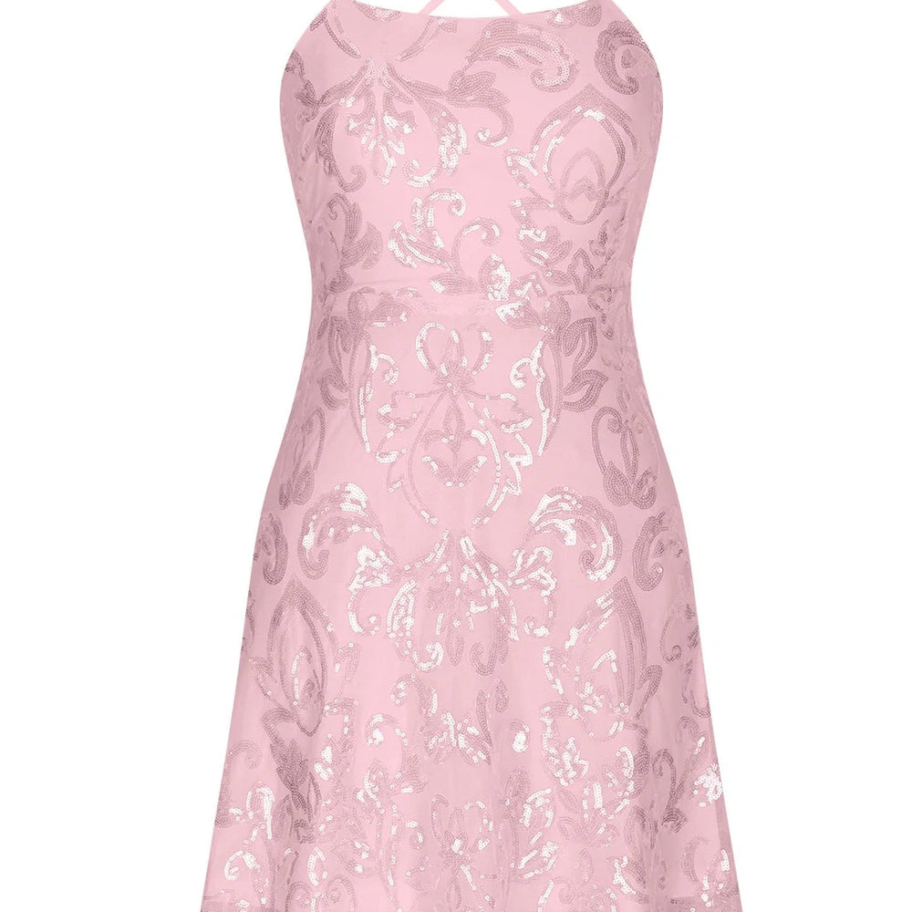 
                      
                        Spaghetti Straps Pink Sequin A-line Short Dress
                      
                    
