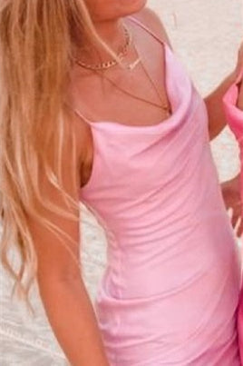 Spaghetti Straps Pink Sheath Satin Short Dress