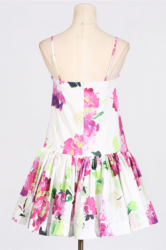Spaghetti Straps White Floral Print A-line Short Dress
