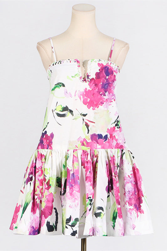 Spaghetti Straps White Floral Print A-line Short Dress