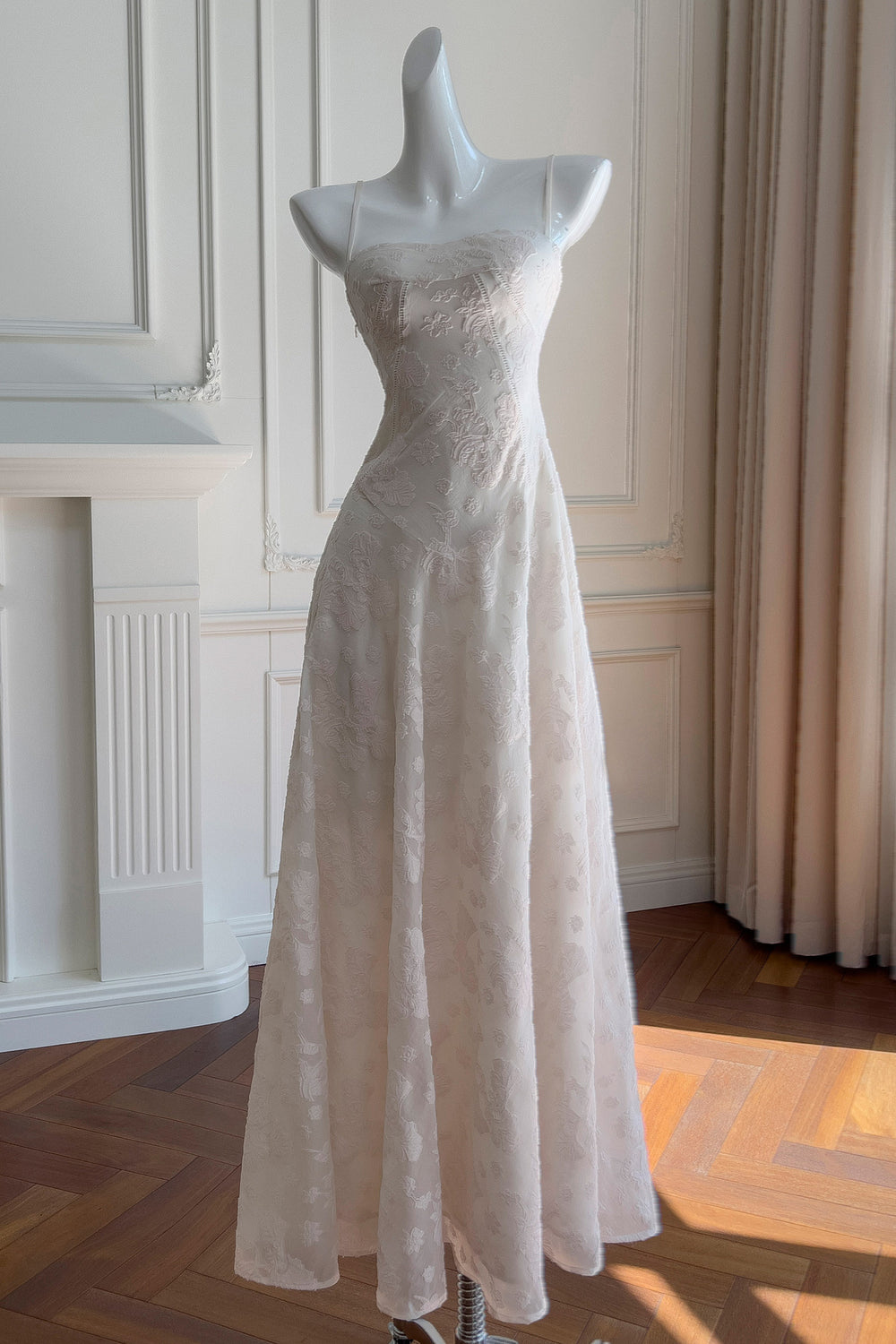 Spaghetti Straps White Jacquard Long Dress