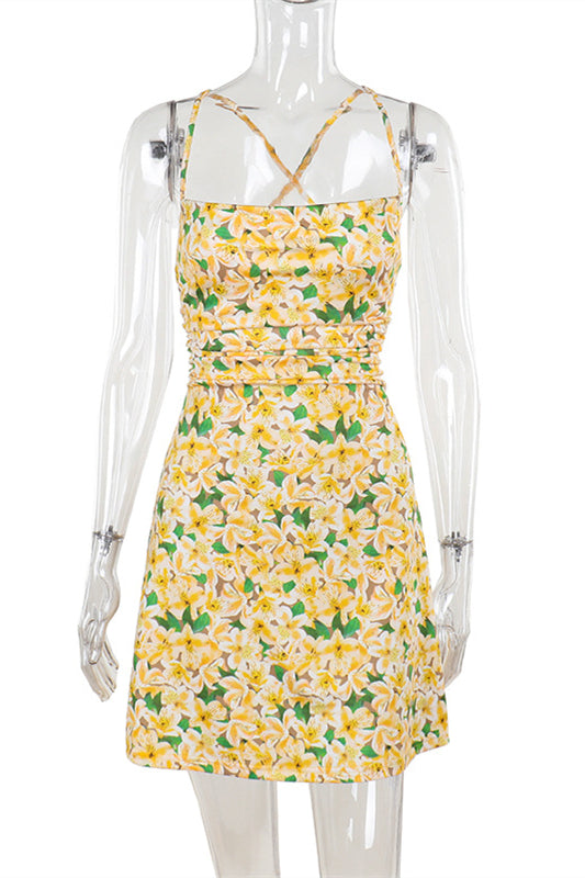 Spaghetti Straps Yellow Floral Print Short Dress