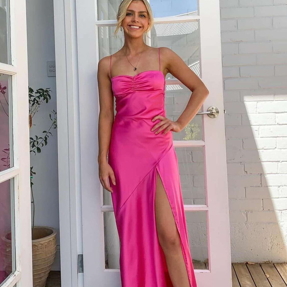 
                      
                        Spaghetti Straps Yellow Ruched Long Dress with Slit
                      
                    