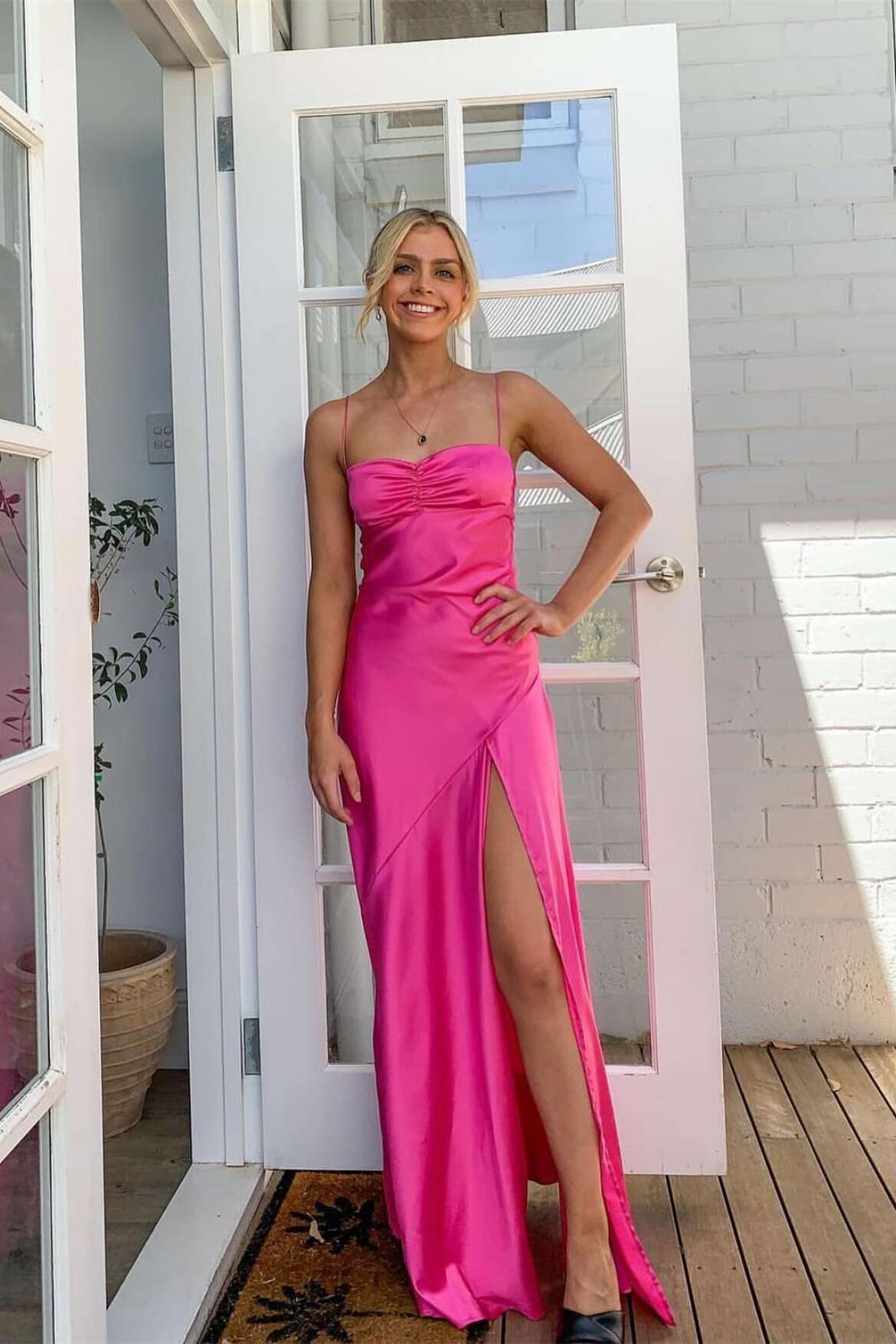 Spaghetti Straps Yellow Ruched Long Dress with Slit