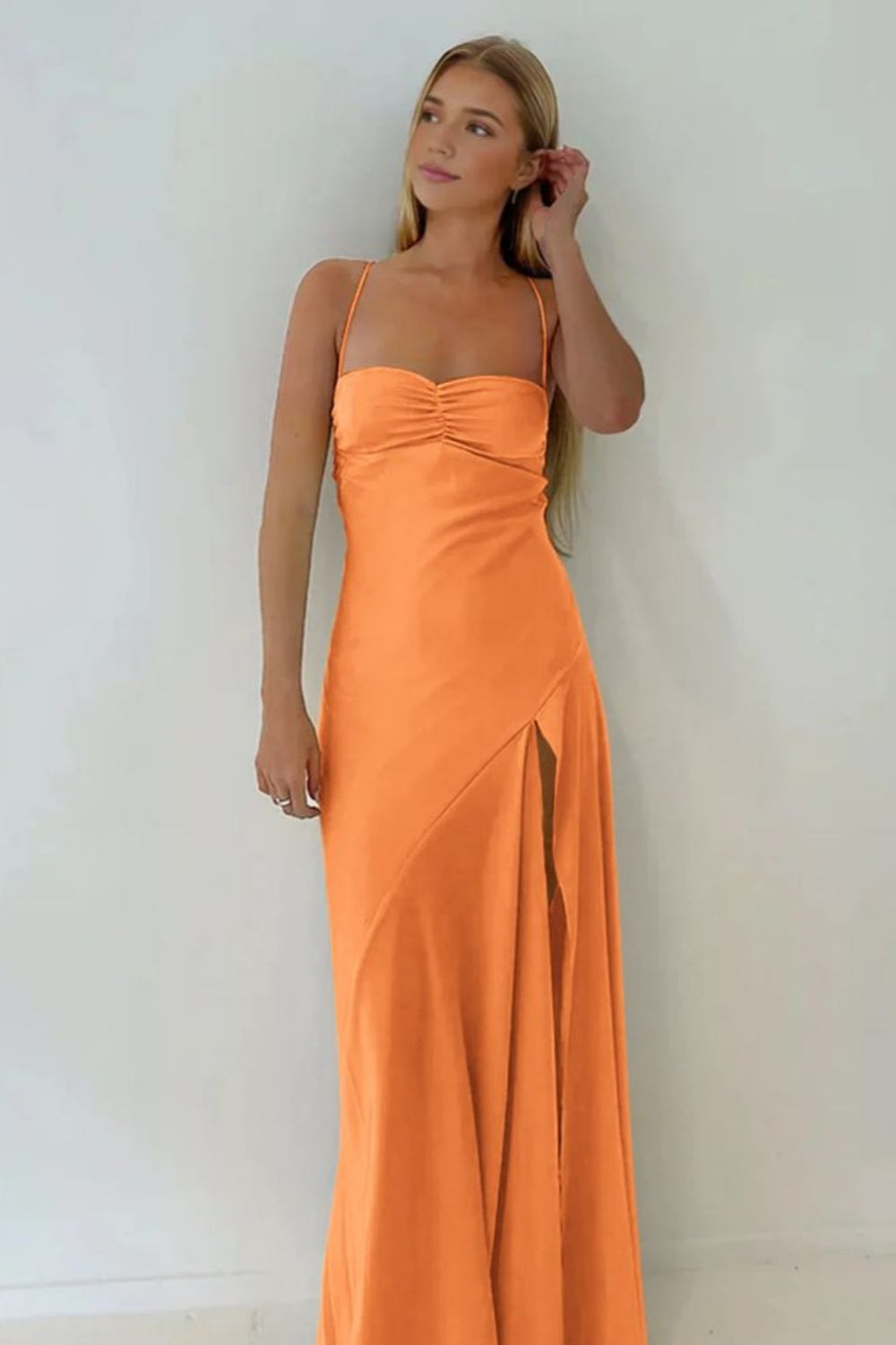 Spaghetti Straps Yellow Ruched Long Dress with Slit PollyBoutique Spaghetti Straps Yellow Ruched Long Dress with Slit PollyBoutique