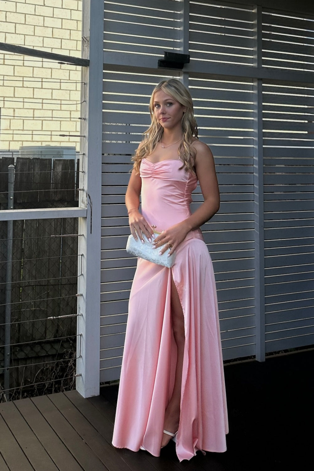 Spaghetti Straps Yellow Ruched Long Dress with Slit