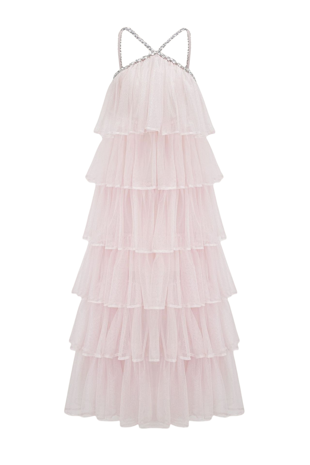 Sparkle Tulle Light Pink Tiered A-line Long Dress