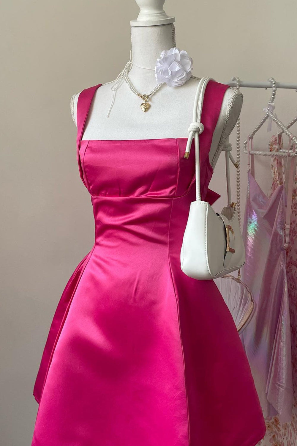 Square Collar Fuchsia Back Bow A-line Short Dress