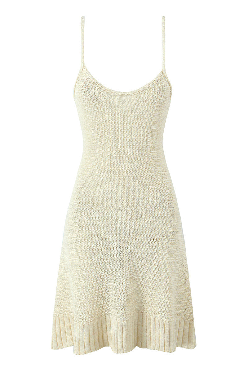 U-Neck Apricot Ruffled Hem Knit Short Dress