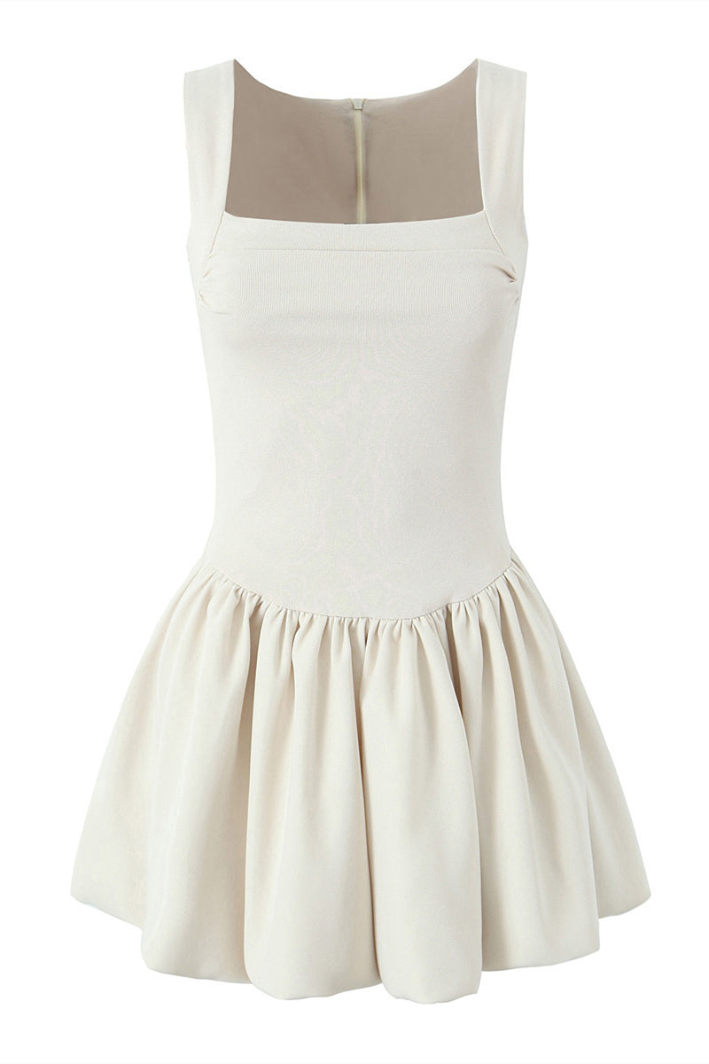 Square Neck Beige High Waist A-line Short Dress