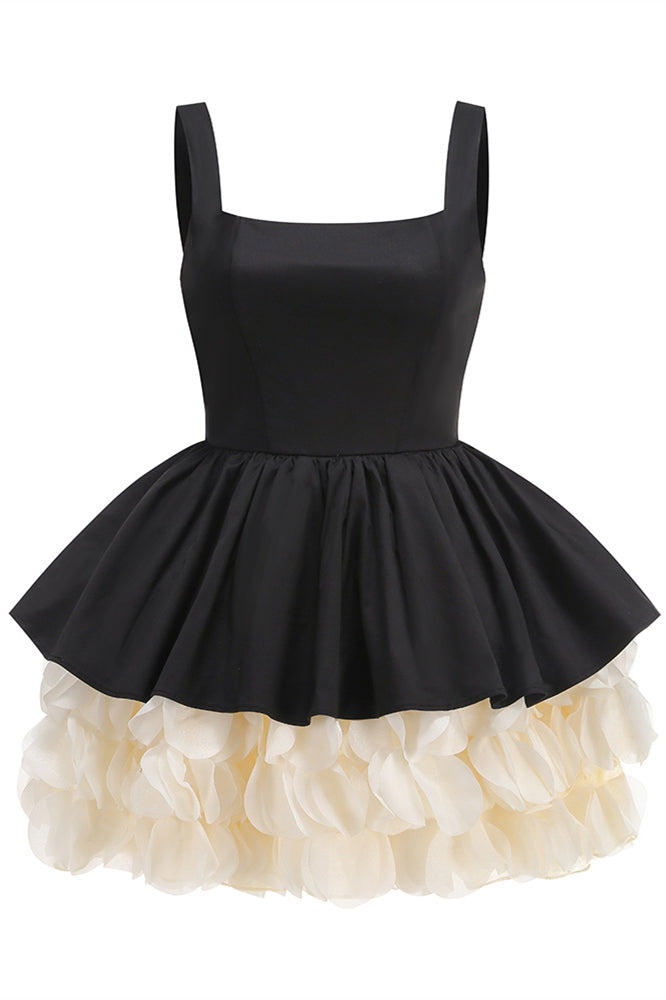 Square Neck Black 3D Floral A-line Short Dress