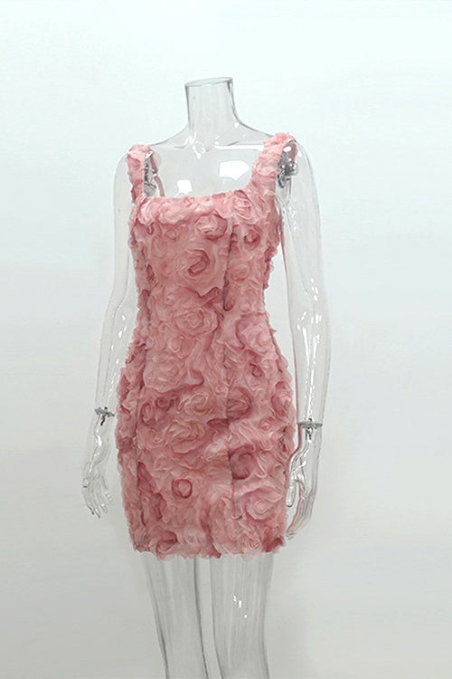 
                      
                        Square Neck Blue 3D Floral Sheath Short Dress
                      
                    