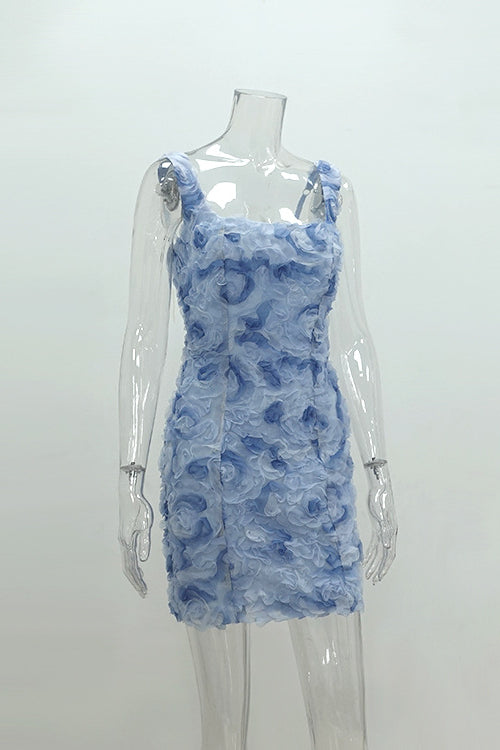
                      
                        Square Neck Blue 3D Floral Sheath Short Dress
                      
                    