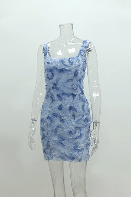 
                      
                        Square Neck Blue 3D Floral Sheath Short Dress
                      
                    