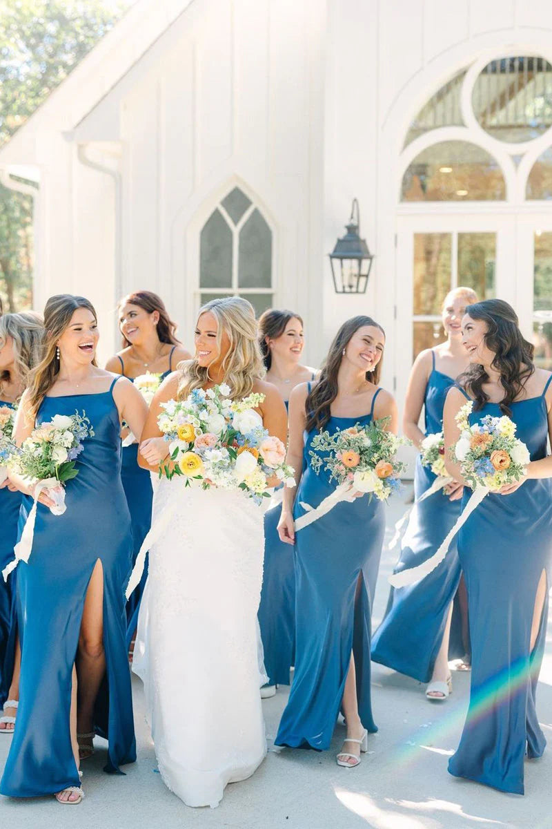 Square Neck Blue Back Bow Bridesmaid Dresses with Slit