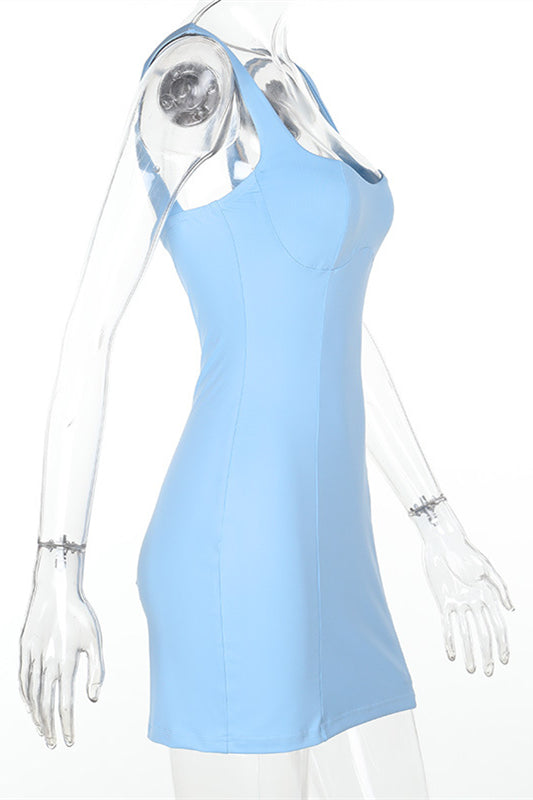 
                      
                        Square Neck Blue Backless Short Dress
                      
                    