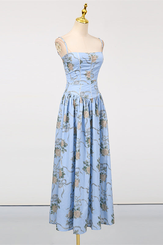 
                      
                        Square Neck Blue Floral Print A-line Long Dress
                      
                    