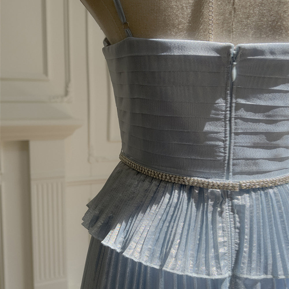 
                      
                        Square Neck Blue Pleated Long Dress with Beaded
                      
                    