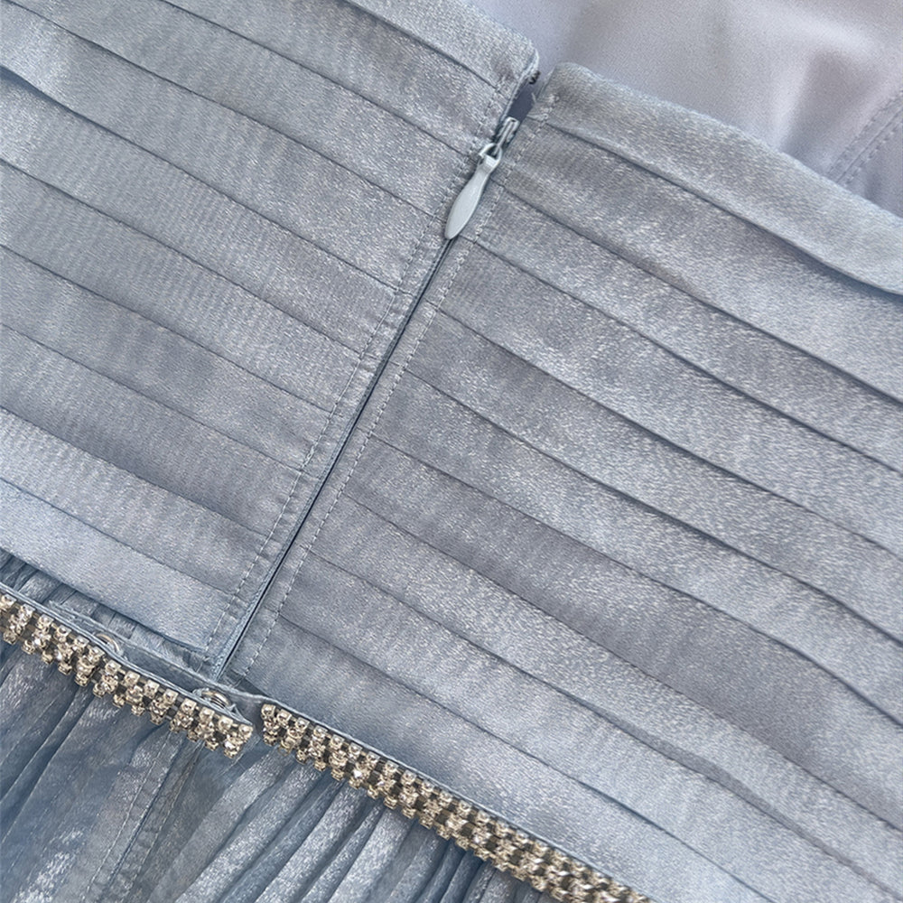 
                      
                        Square Neck Blue Pleated Long Dress with Beaded
                      
                    