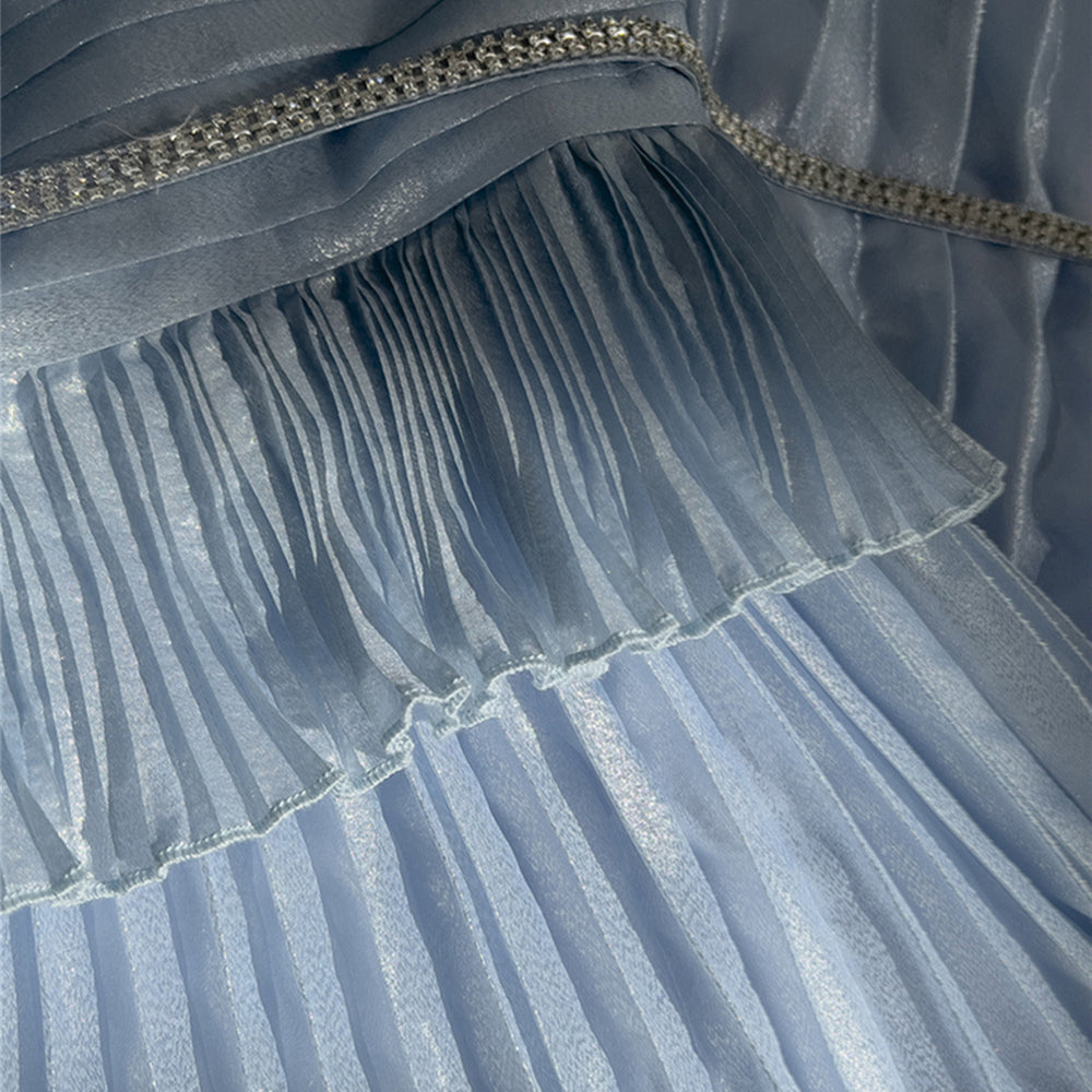 
                      
                        Square Neck Blue Pleated Long Dress with Beaded
                      
                    