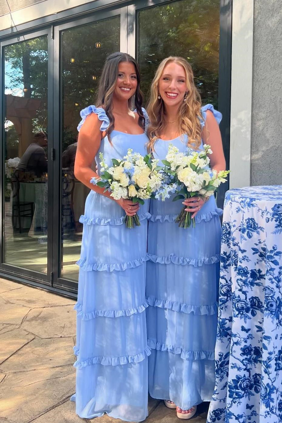 Square Neck Blue Ruffle A-line Bridesmaid Dress