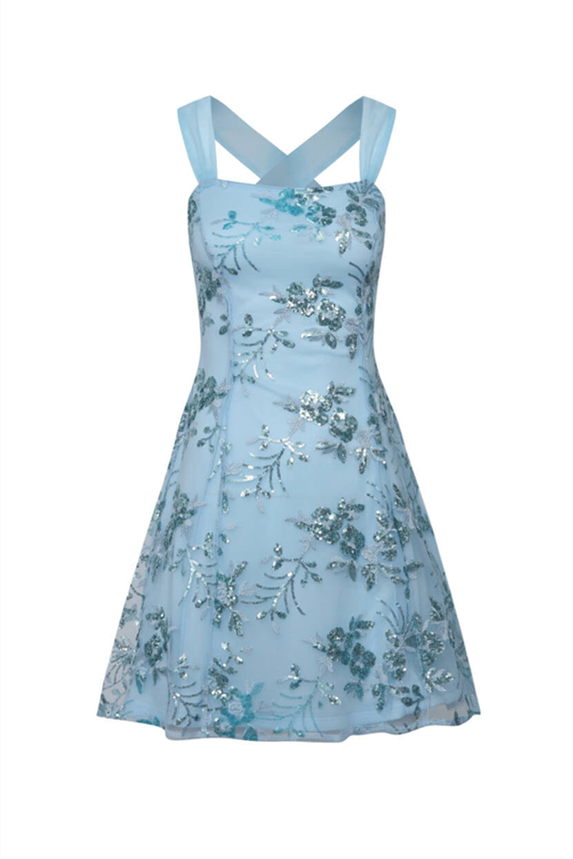 Square Neck Blue Sequin Appliques Short Dress
