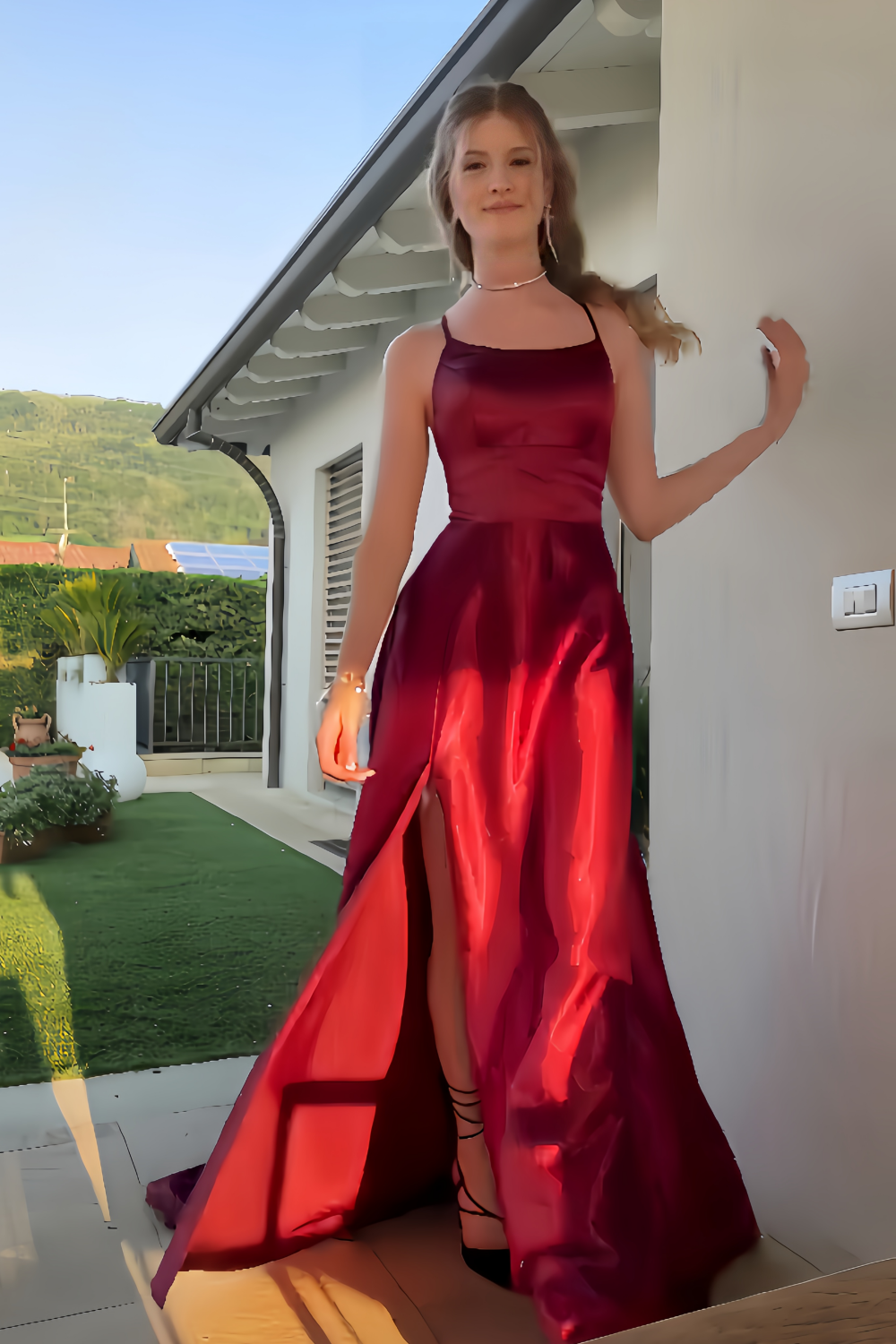 Square Neck Burgundy A-line Long Dress with Slit