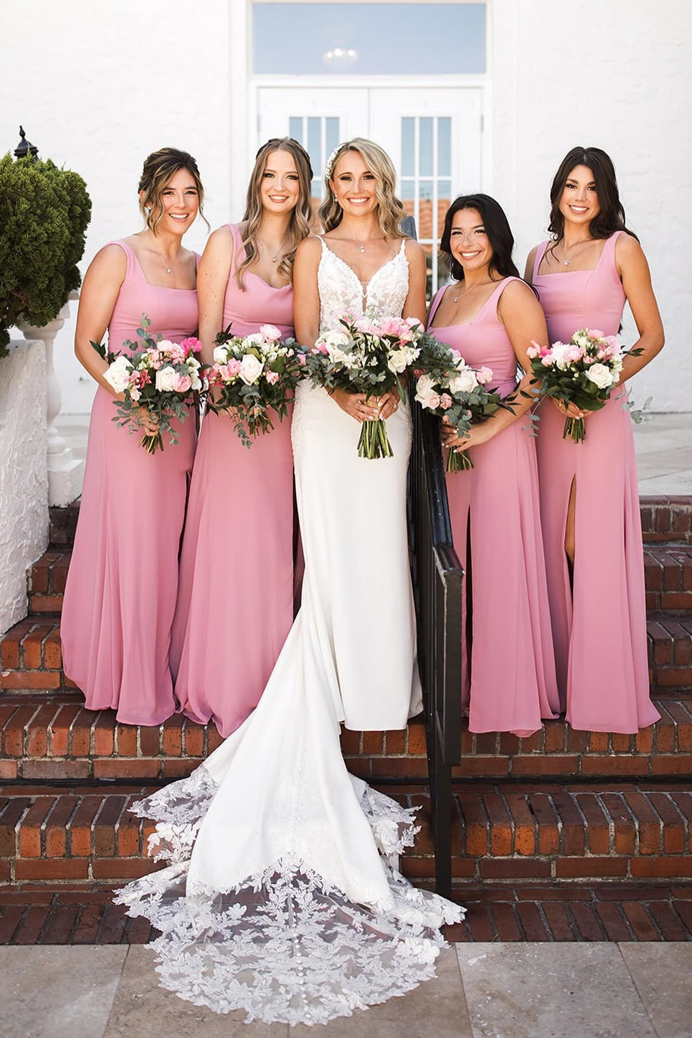 Square Neck Dusty Rose Bridesmaid Dress with Slit