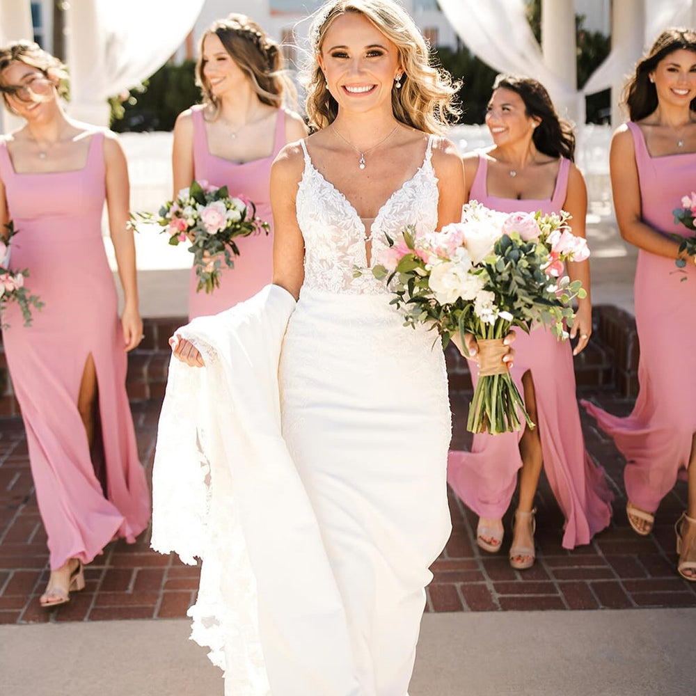 
                      
                        Square Neck Dusty Rose Bridesmaid Dress with Slit
                      
                    