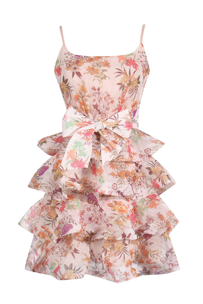 
                      
                        Square Neck Floral Print Ruffled Hem Short Dress with Bow
                      
                    