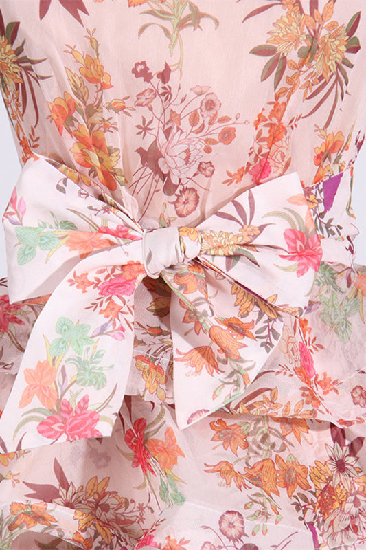 
                      
                        Square Neck Floral Print Ruffled Hem Short Dress with Bow
                      
                    