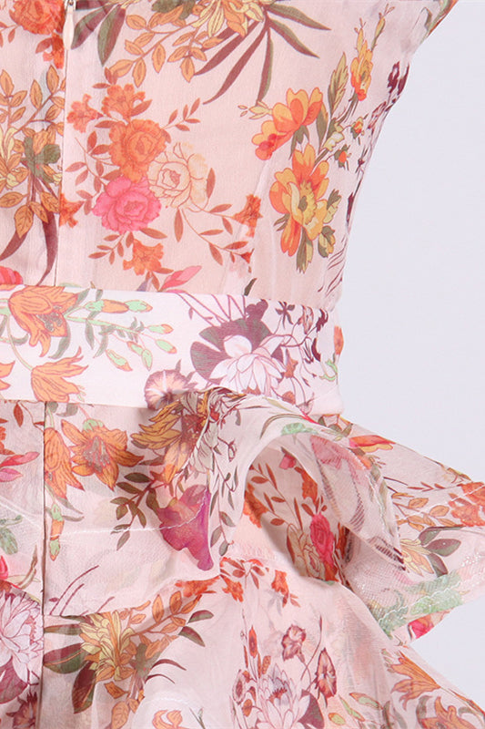 
                      
                        Square Neck Floral Print Ruffled Hem Short Dress with Bow
                      
                    