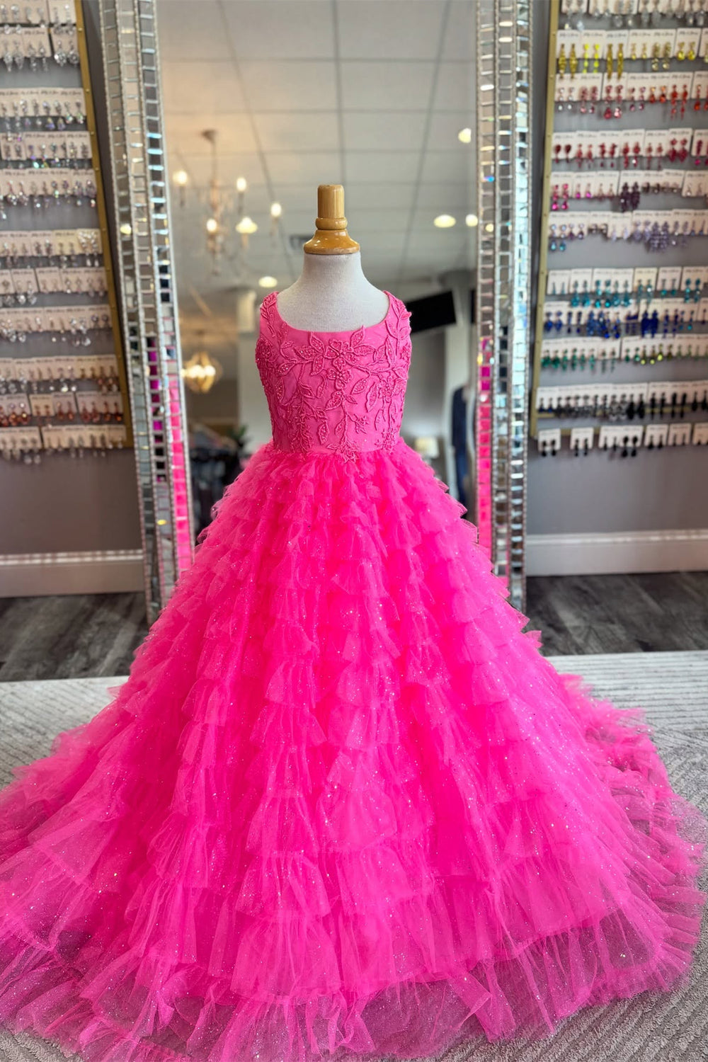 Square Neck Hot Pink Appliques Tiered Girl Pageant Dress