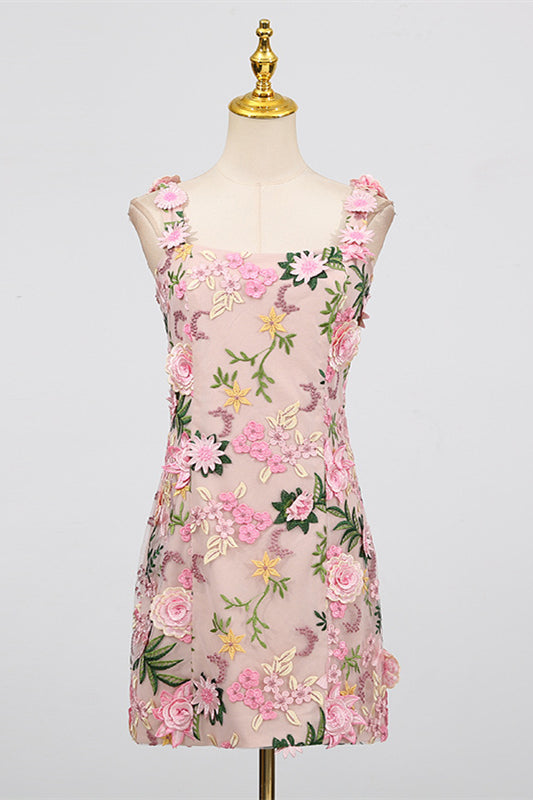 Square Neck Pink 3D Floral A-line Short Dress