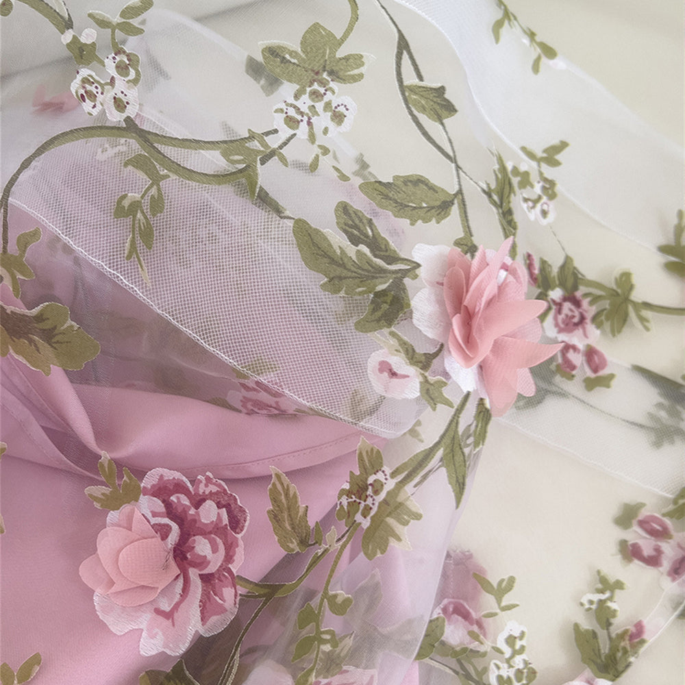 
                      
                        Square Neck Pink Floral Print Long Dress with 3D Floral
                      
                    
