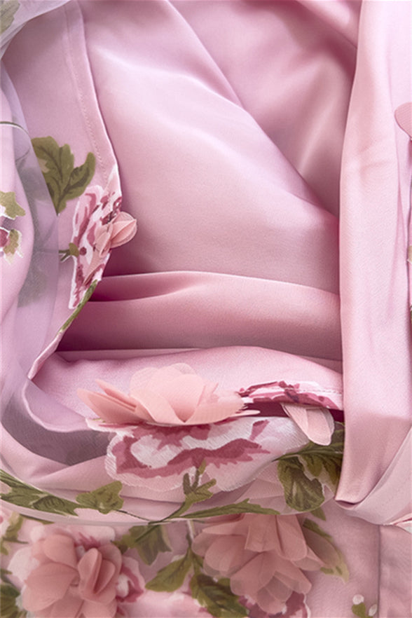 
                      
                        Square Neck Pink Floral Print Long Dress with 3D Floral
                      
                    