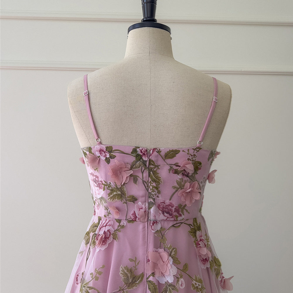 
                      
                        Square Neck Pink Floral Print Long Dress with 3D Floral
                      
                    