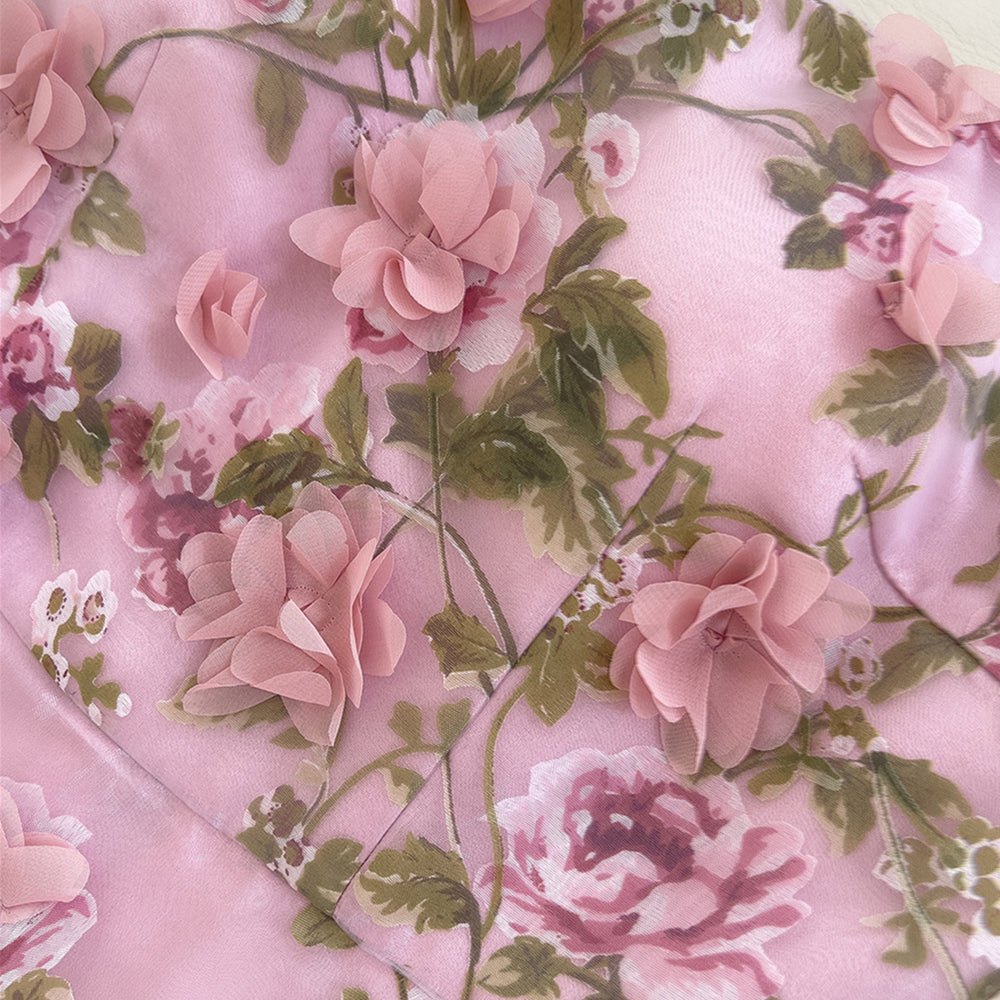 
                      
                        Square Neck Pink Floral Print Long Dress with 3D Floral
                      
                    